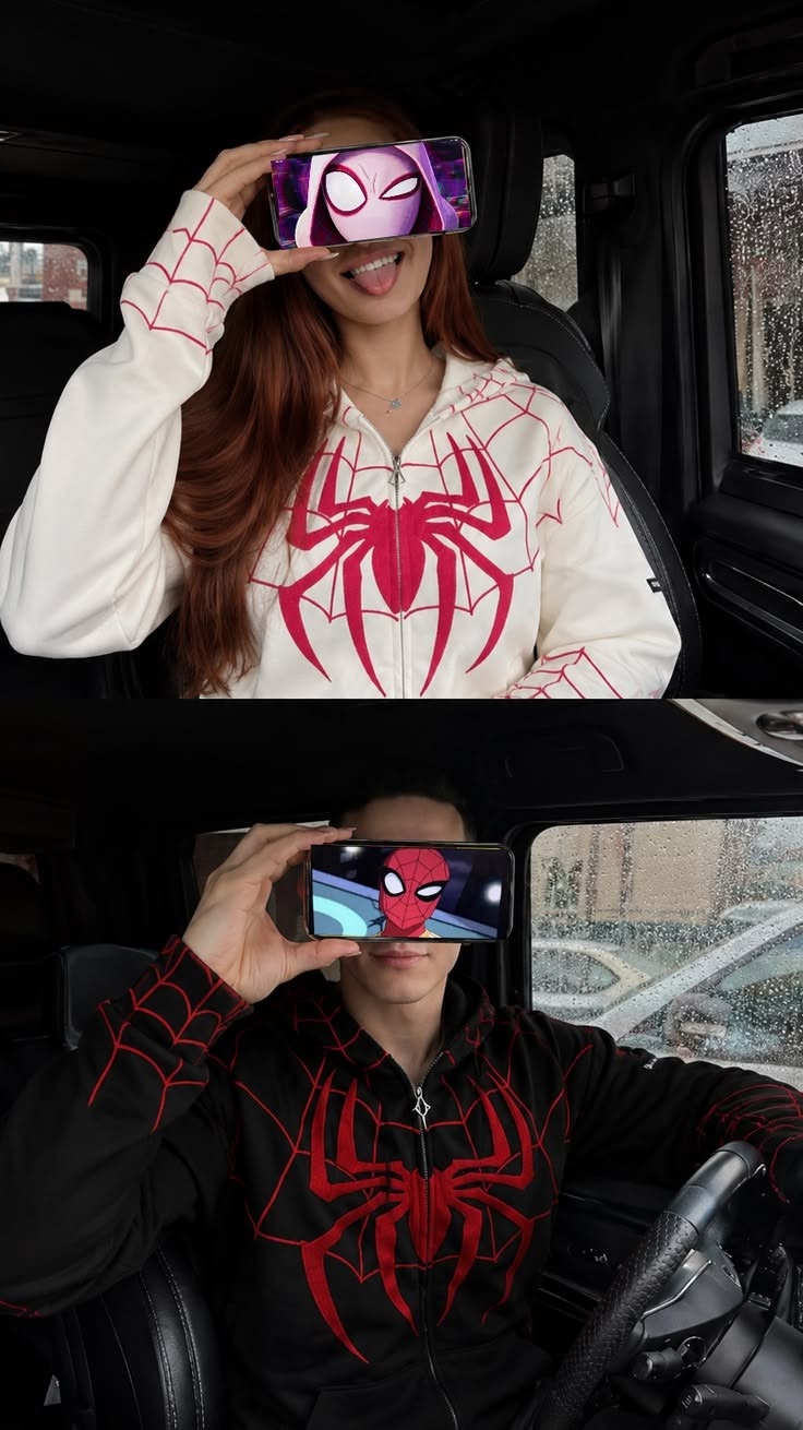 A couple dressed in matching spider character outfits